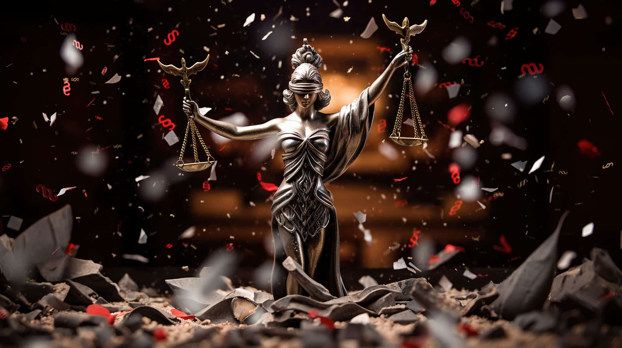Lady Justice als Metallstatue auf Trümmern, mit Waage und Schwert. Rote Paragrafen; Thema Abfindung 2026 und Abfindungsrechner 2026