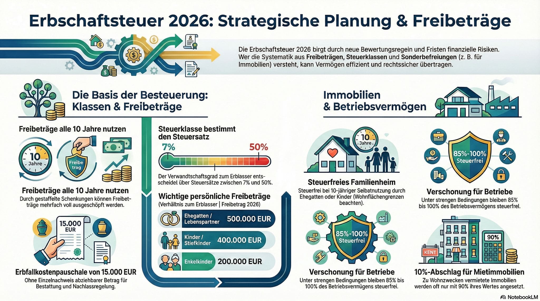 Icons und Diagramme zeigen Erbschaftsteuer 2026, neue Freibeträge und Steuersätze, Steuerberatung Lkm GmbH.