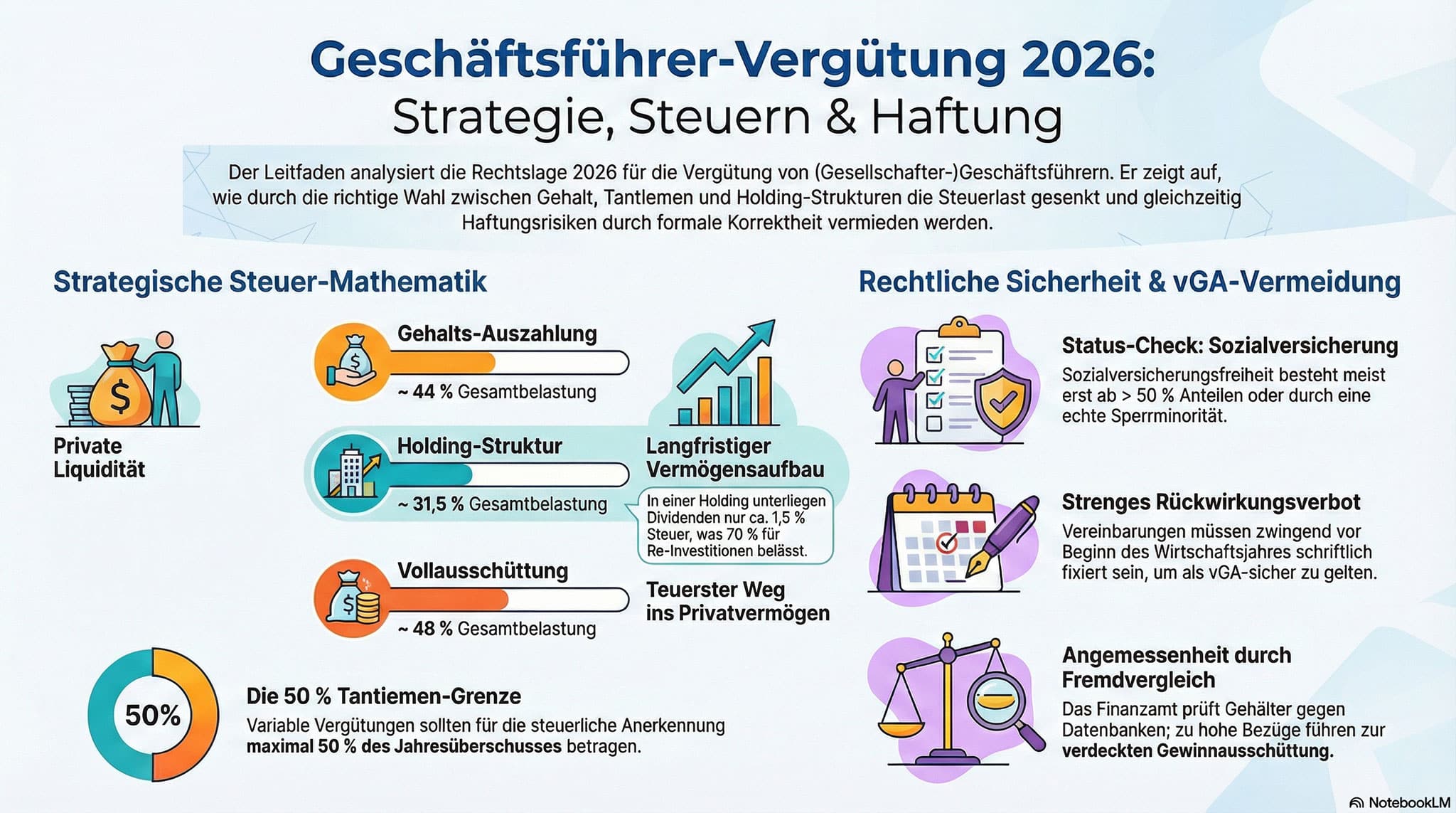 Grafik zeigt Geschäftsführer-Vergütung 2026, Diagramme zur Steueroptimierung im Büro Lkm GmbH Rechtsanwälte & Steuerberater.