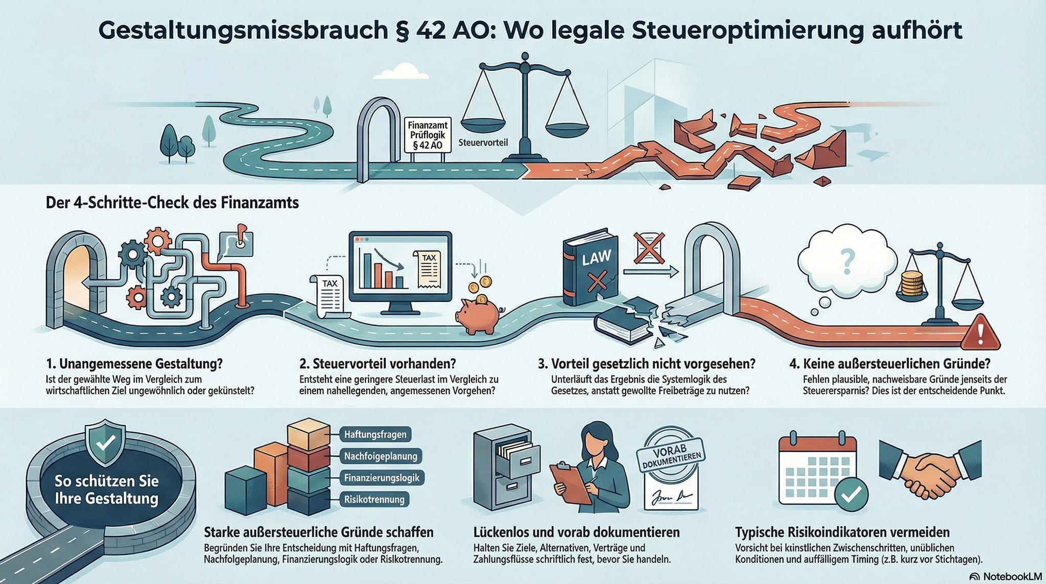 Infografik zeigt Steuergestaltung vs. Gestaltungsmissbrauch (§ 42 AO) mit Tipps, Icons und Checks, Thema Steuerberatung.