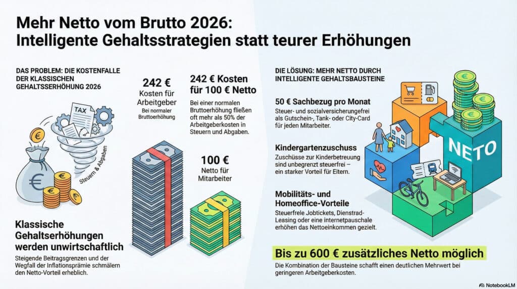 Infografik: Strategien für mehr Netto vom Brutto im Jahr 2025/2026, Fokus auf Gehalt, Mobilität und Homeoffice. Steuerberatung.