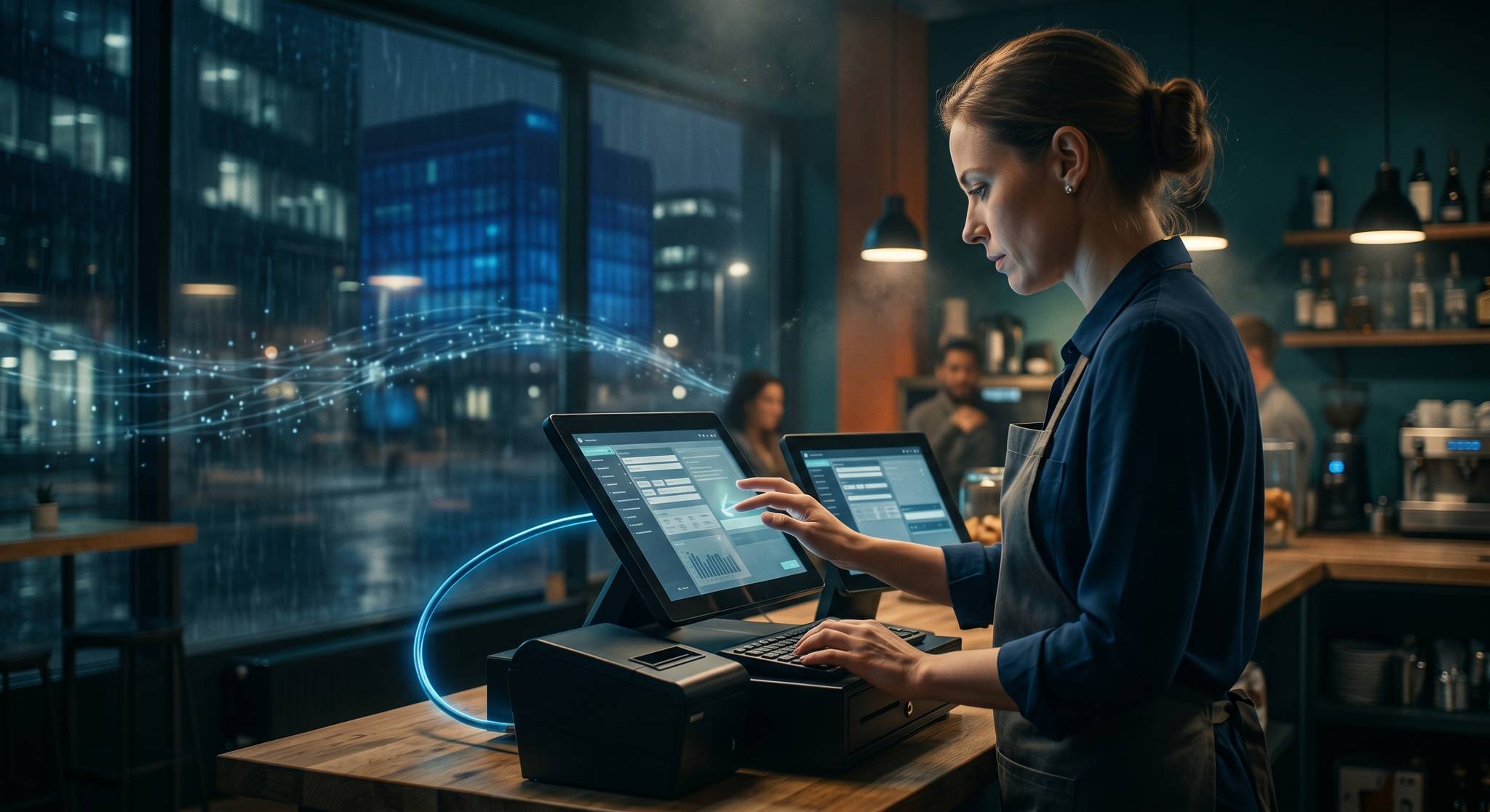 Eine Frau bedient ein Touchscreen-Kassensystem in einem modernen Nachtcafé mit Digitalgrafiken, Steuerberatung Hamburg.