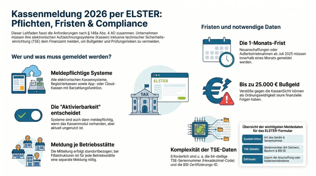 Infografik zeigt Pflichten, Fristen und TSE-Systeme zur Kassenmeldung 2026, Fokus auf Steuerberatung mit ELSTER.