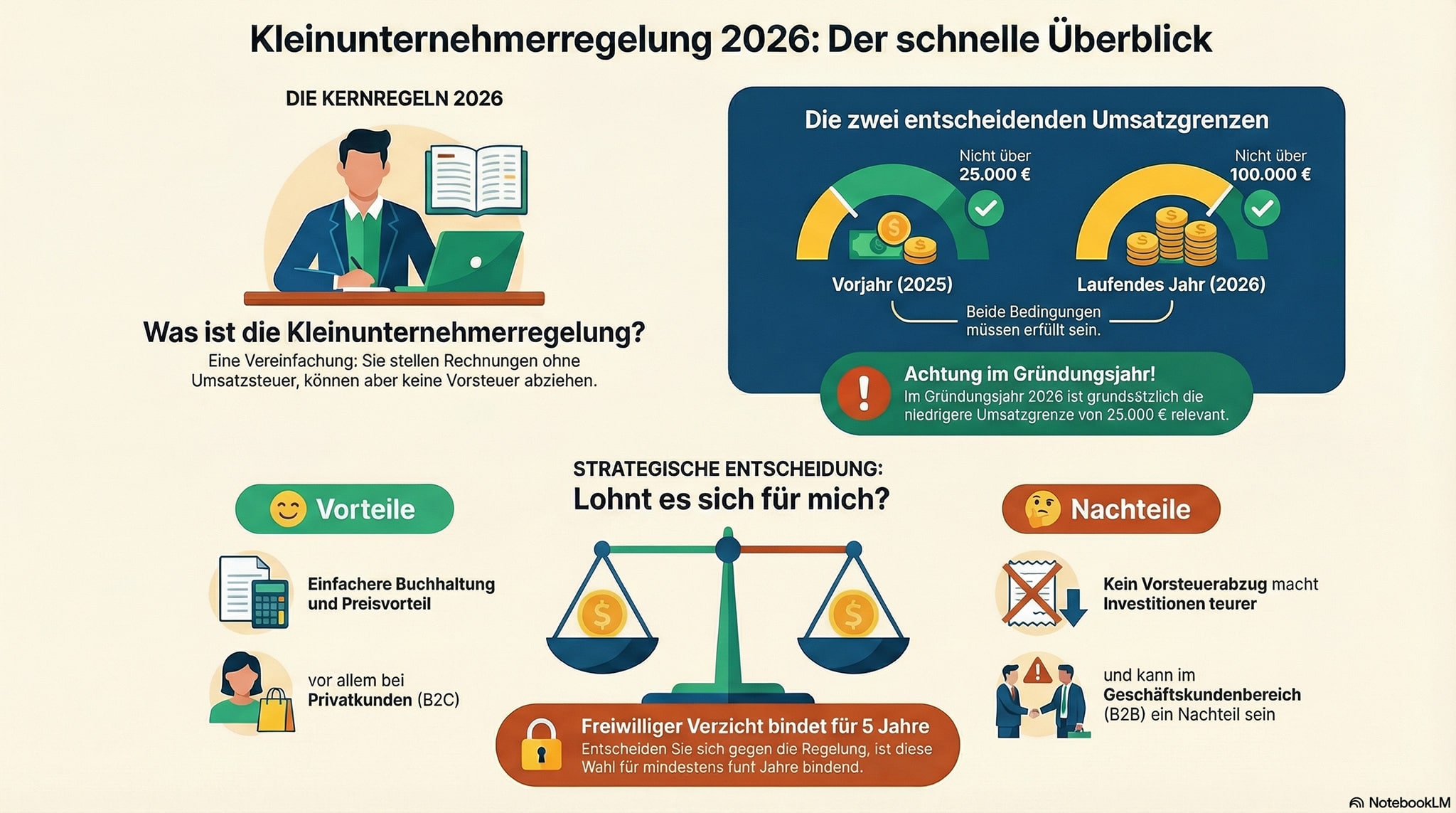 Symbole und Grafiken zur Kleinunternehmerregelung 2026, Umsatzgrenzen, Steuerberatungskontext, modern gestaltet.