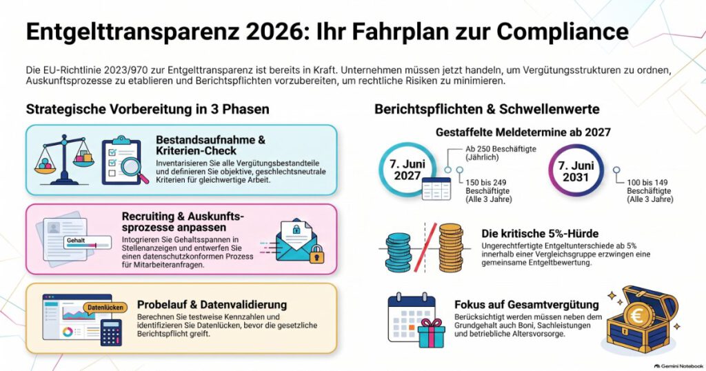 Infografik zur Entgelttransparenz 2026 mit Vorbereitungsphasen, Berichtspflichten, Beschäftigtenschwellen und 5-Prozent-Grenze.