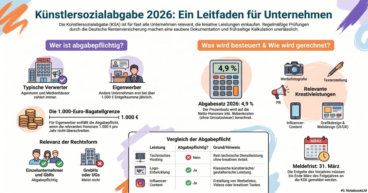 Grafik mit Rechner zur Künstlersozialabgabe 2026, Unternehmenspflichten und Beitragssätzen, Lkm GmbH Rechtsanwälte & Steuerberater.