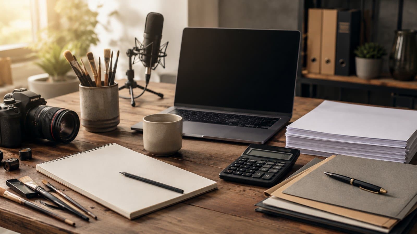 Schreibtisch mit Laptop, Computer und Notizen, die Sonne scheint herein; ideal für die Steuerberatung im Bereich der Künstlersozialabgabe.