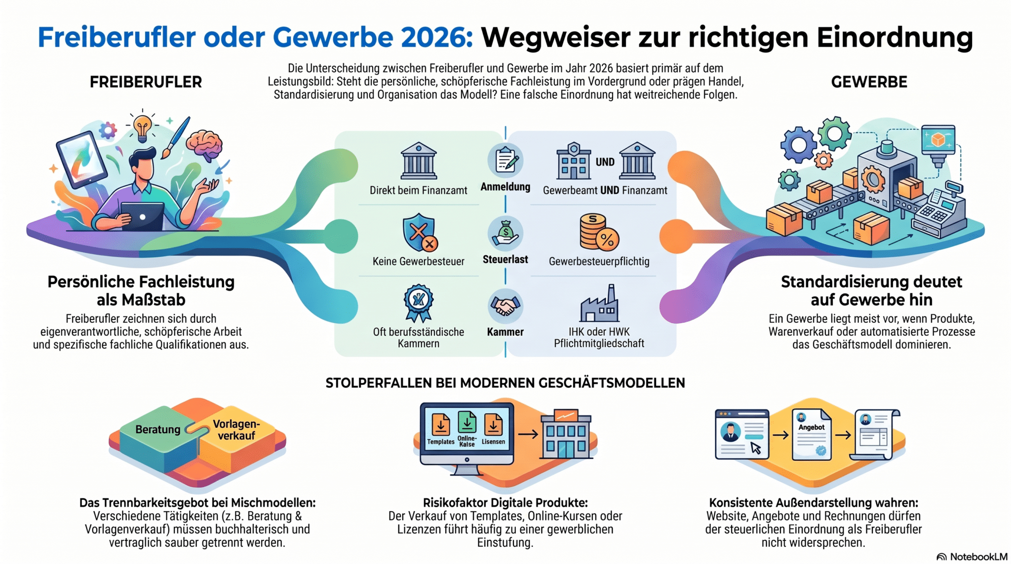 Vergleich Freiberufler vs. Gewerbe 2026, Entscheidungswege und Tipps, farbig, Steuerberatung von Lkm GmbH.