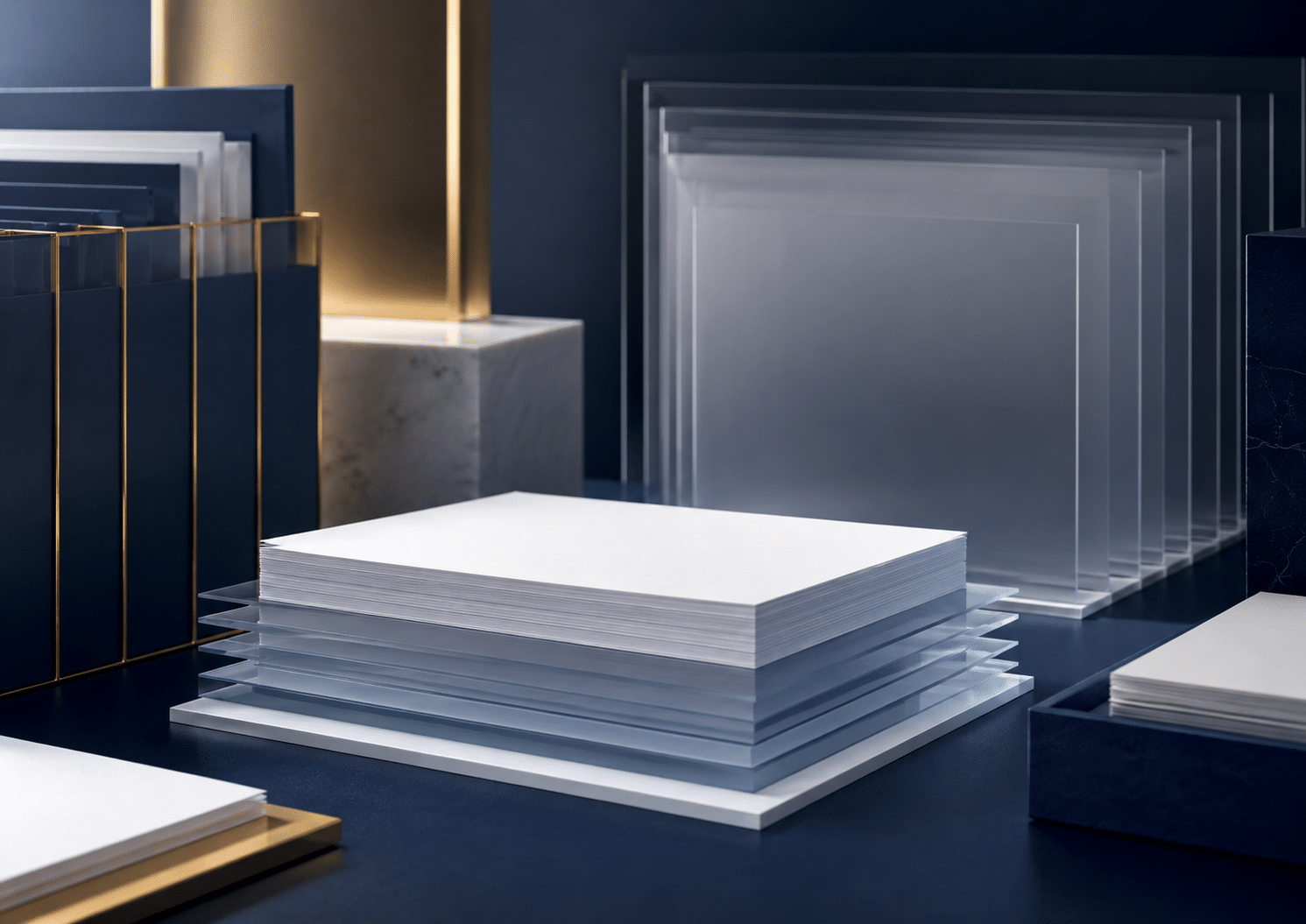 Weiße Papierstapel neben Acryl und Dokumenten auf dunklem Blau-Zukunft digitaler Rechnungsprozesse, Steuerberatung.
