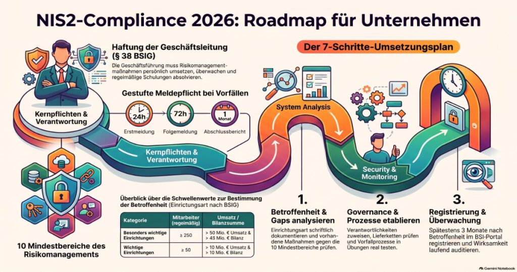 Infografik zu den NIS2-Pflichten 2026 mit Schwellenwerten, Risikomanagement, Meldefristen und Umsetzungsplan für Unternehmen.