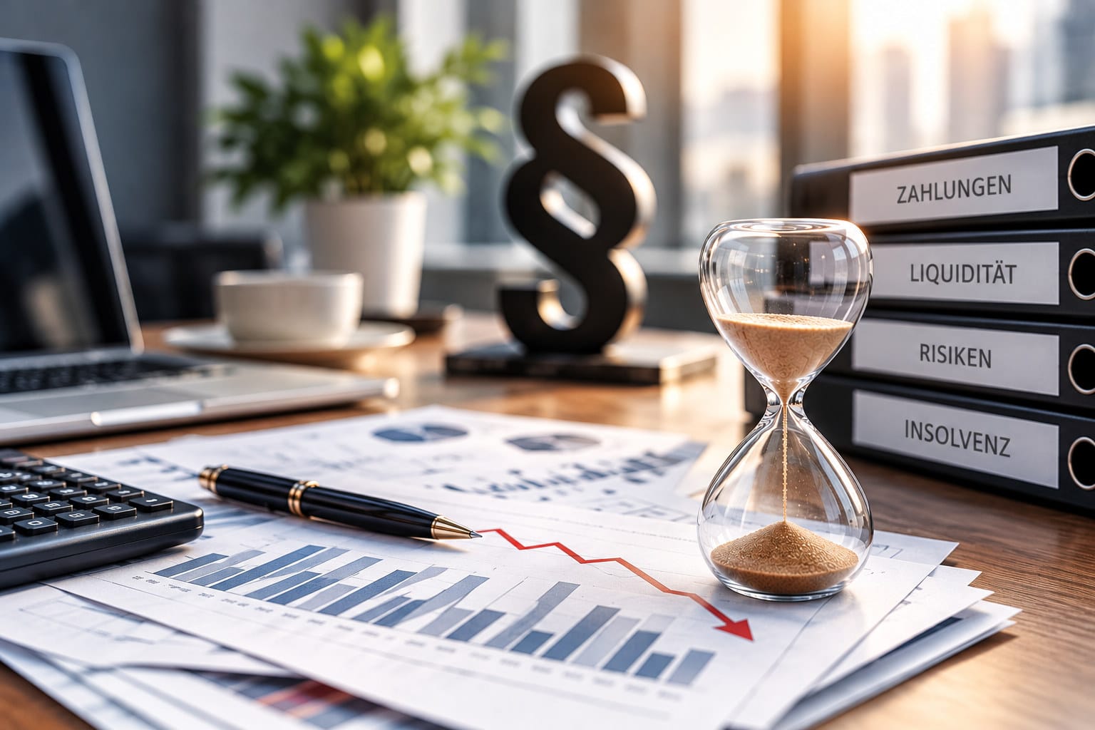 Sanduhr und Finanzunterlagen auf einem Schreibtisch mit Ordnern zu Liquidität, Zahlungen und Insolvenz.