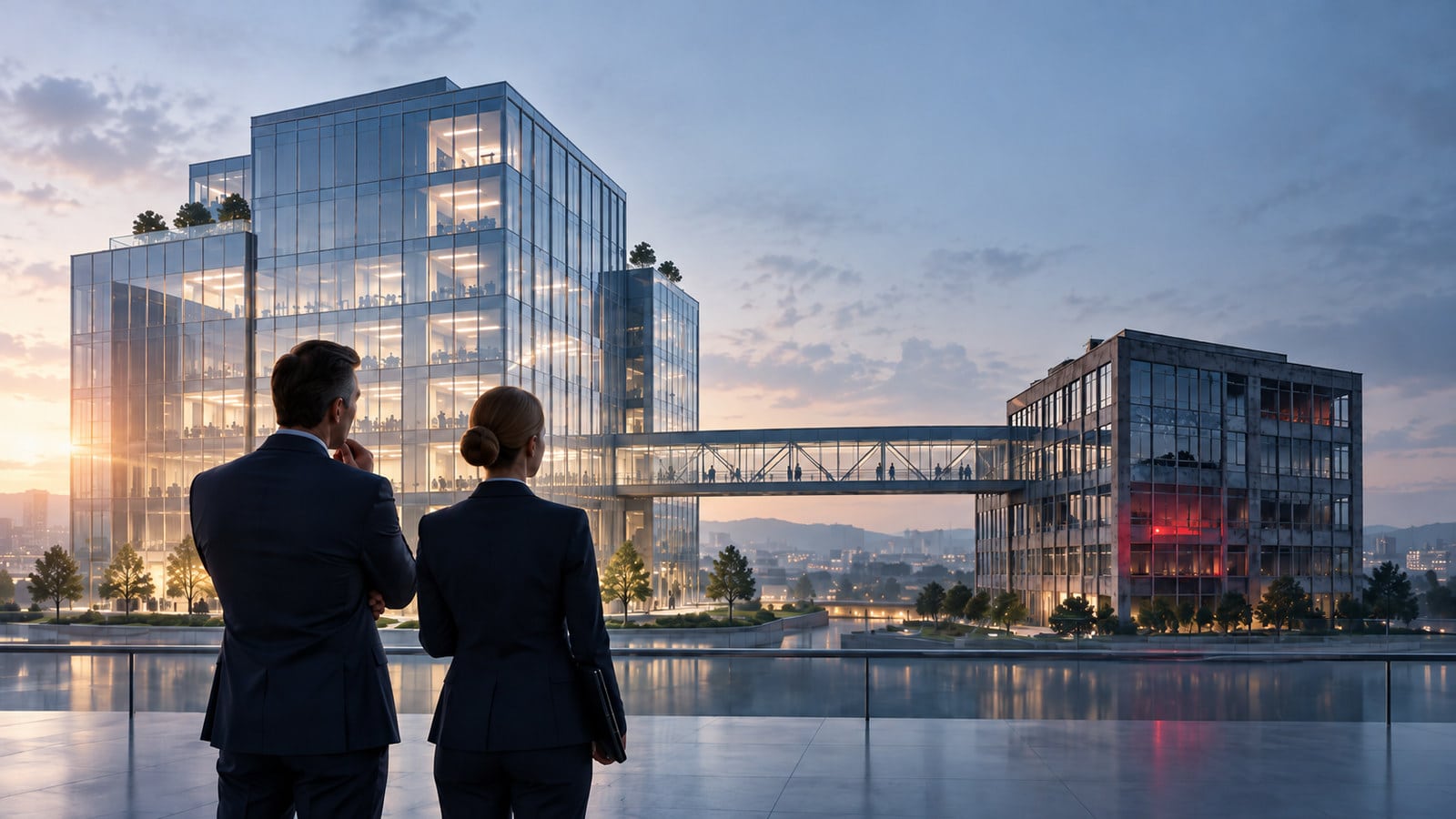 Zwei Personen blicken auf Bürogebäude, die durch eine Brücke miteinander verbunden sind.