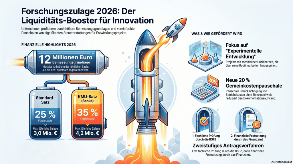 Zentrale Rakete zeigt Schritte zur Forschungszulage 2026, Fördersätze & Experimente. Steuerberatung als Thema.