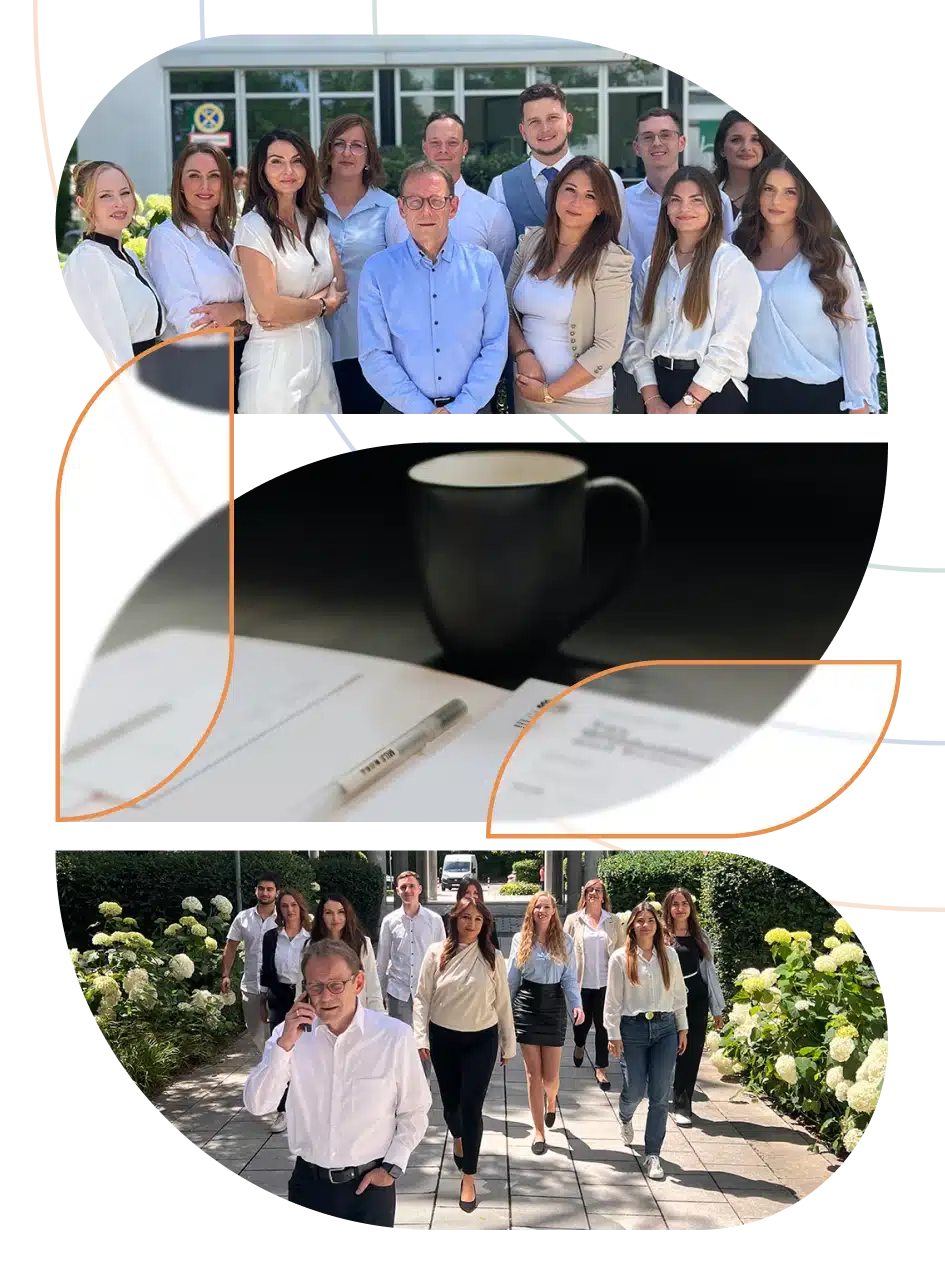 Team der Lkm GmbH draußen beim Spaziergang, mit Kaffeetasse und Unterlagen, Kanzlei München.