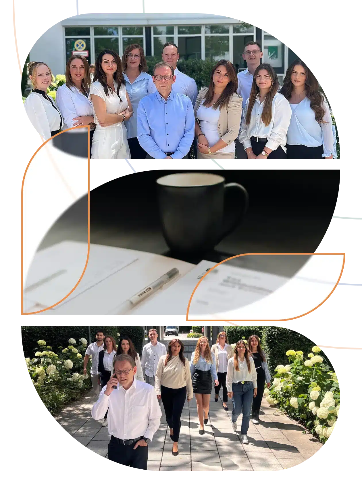 Team der Lkm GmbH im Büro mit schwarzen Tassen und Unterlagen, draußen gemeinsam auf Weg bei grüner Bepflanzung. Kanzlei München.