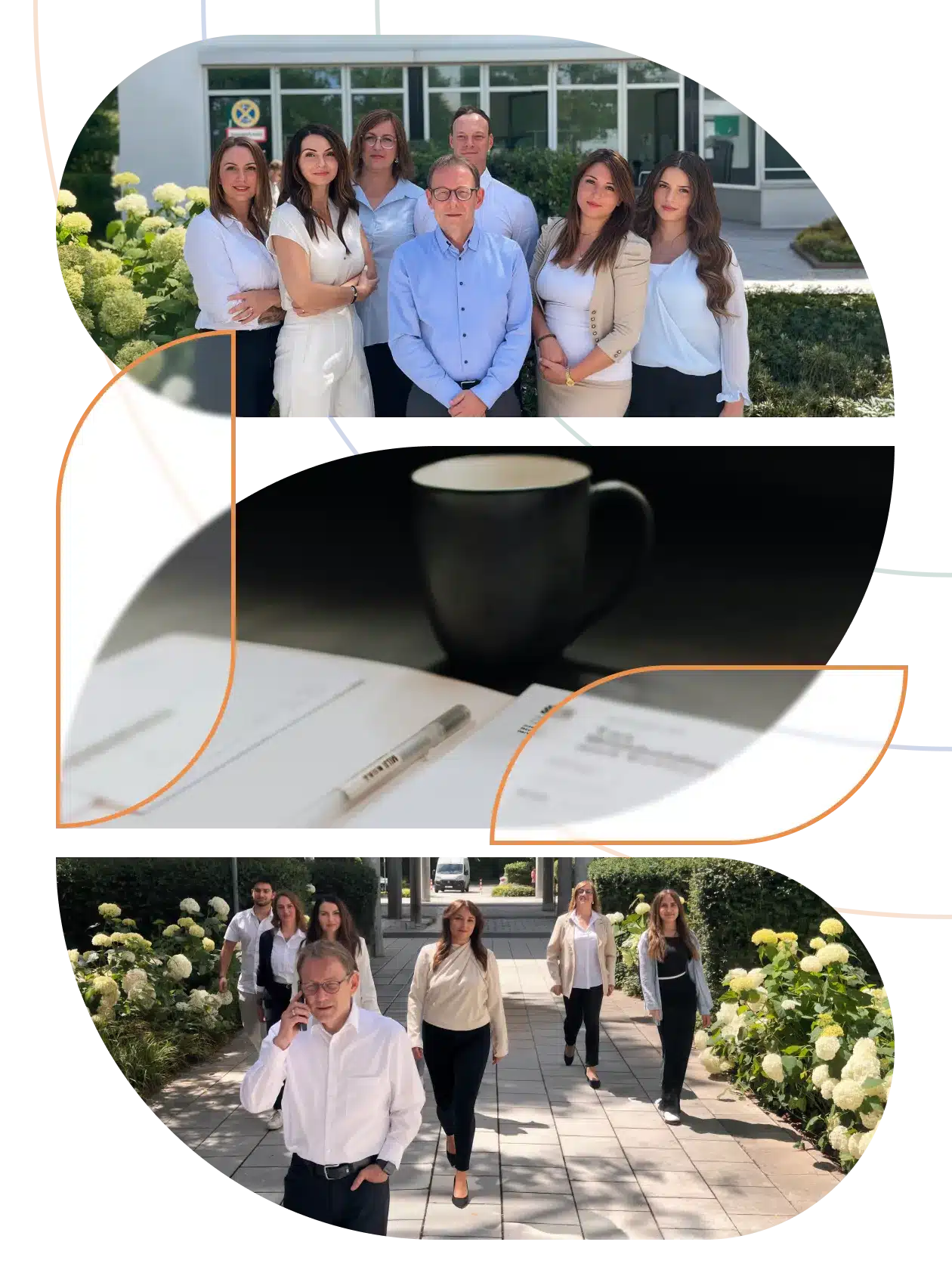 Team der Lkm GmbH draußen, schwarze Kaffeetasse im Büro, Gruppe geht auf Steinweg bei Kanzlei Lkm GmbH Rechtsanwälte & Steuerberater.