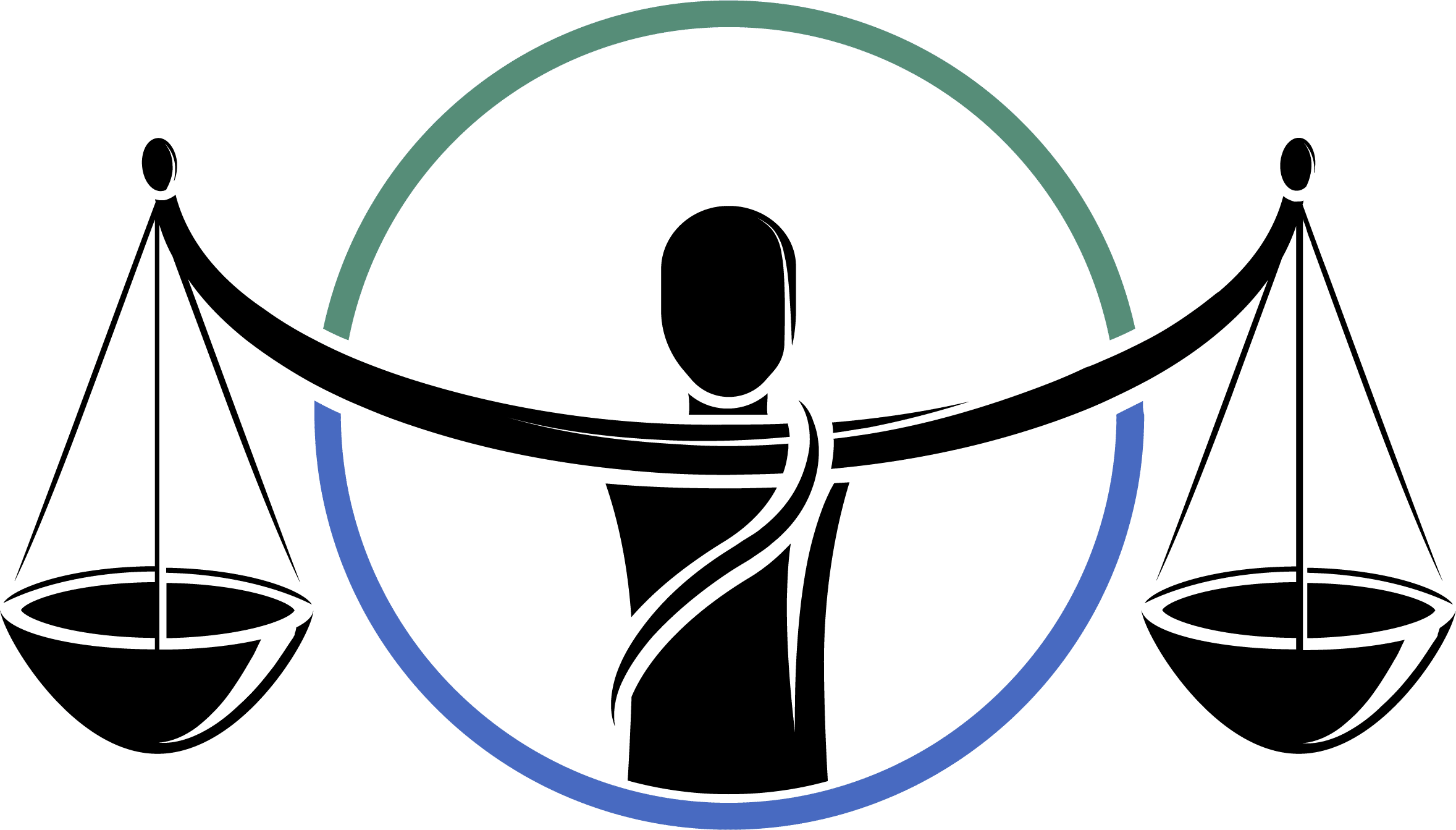 Eine stilisierte Person hält je eine Waage, dahinter einen Halbkreis in Grün und Blau; Symbol für faire Steuerberatung.