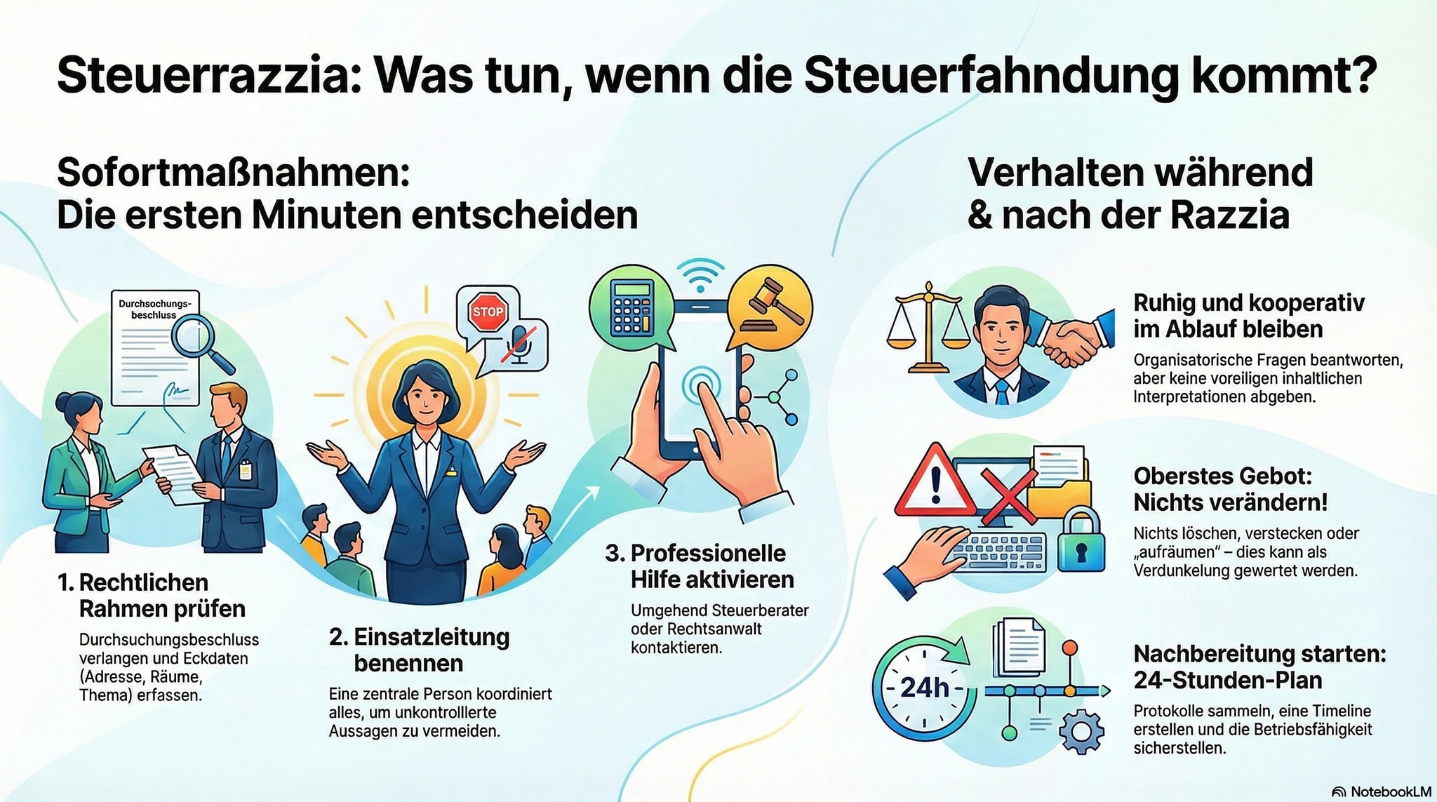Unternehmens-Checkliste bei Steuerrazzia, Icons, Tipps im Büro; Lkm GmbH Rechtsanwälte & Steuerberater, Schwerpunkt Steuerberatung.