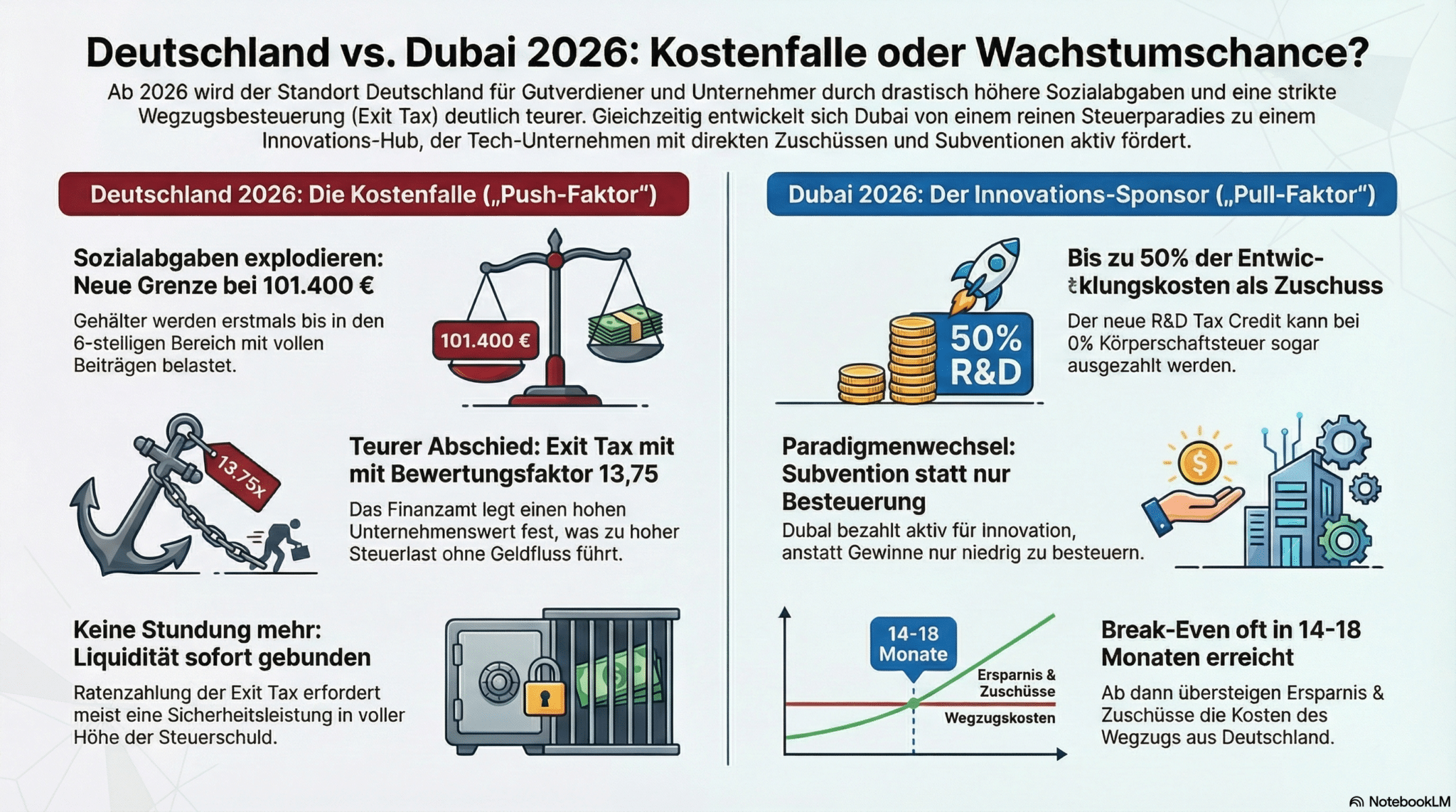 Infografik vergleicht 2026 Geschäftskosten: Steuern in Deutschland vs. Steuervorteile & F&E-Subventionen in Dubai. Steuerberatung.