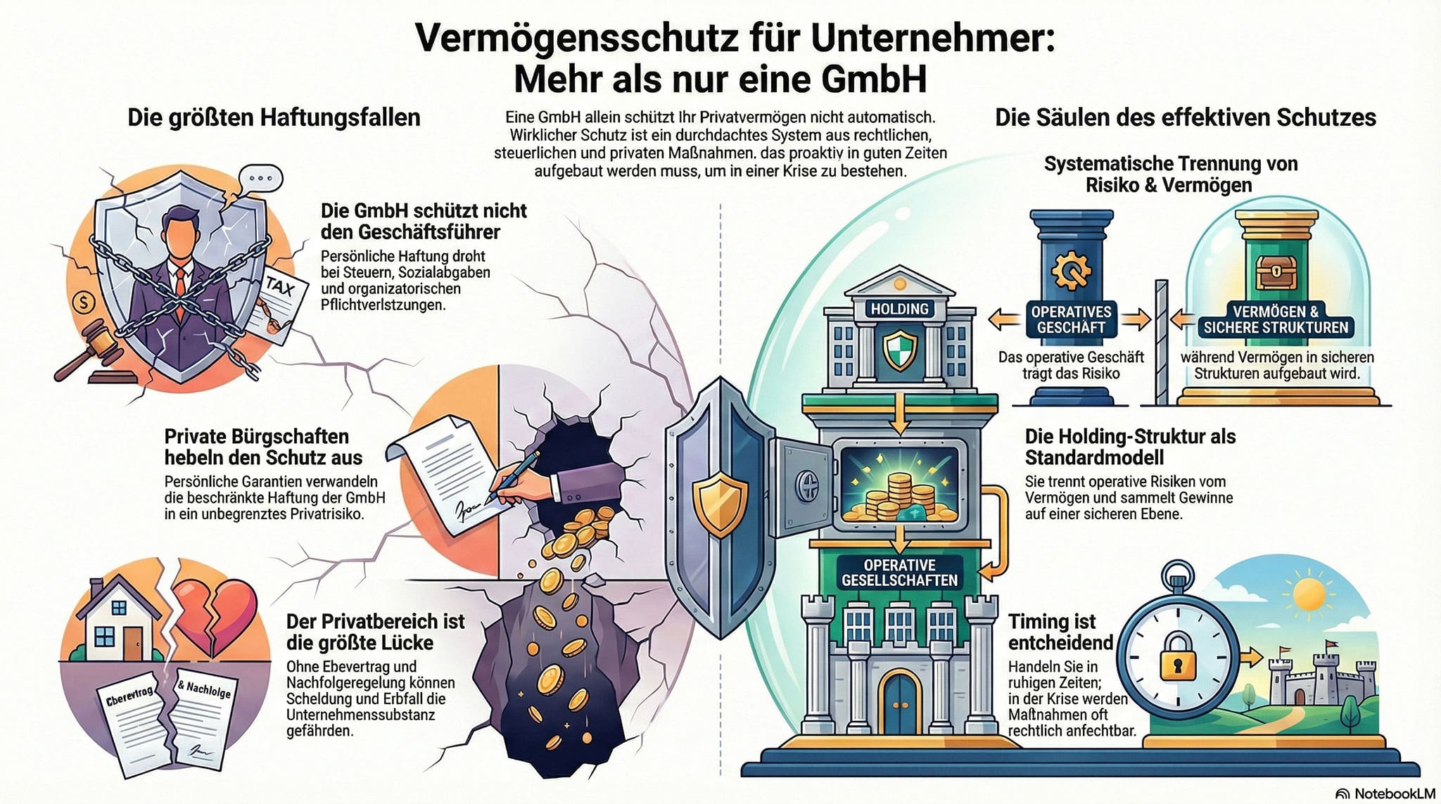 Unternehmer prüfen mit Icons zu Haftungsrisiken und Schutzstrategien Vermögensschutz; Kanzlei Lkm GmbH Rechtsanwälte & Steuerberater.