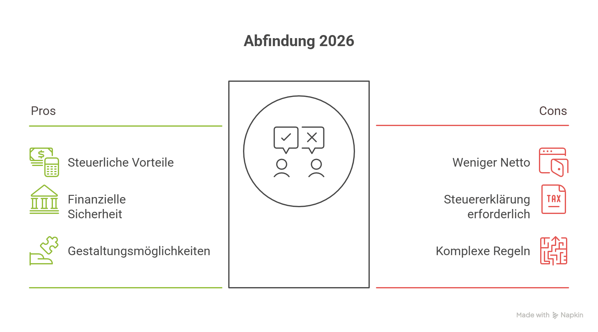 Diagramm "Abfindung 2026" zeigt Vor- und Nachteile der Abfindung als Übersicht mit Icons, Tipp für Steuerberatung.